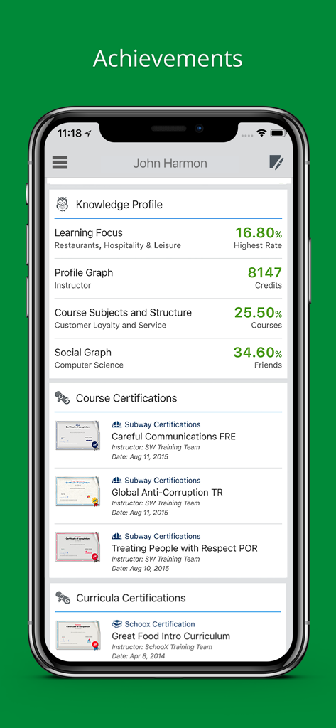 University of SUBWAY® - Achievements screen in the University of Subway app showing student training certifications and knowledge profile statistics