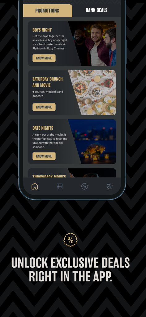 ROXY Cinemas UAE - ROXY Cinemas UAE app screen displaying exclusive promotions and movie deals