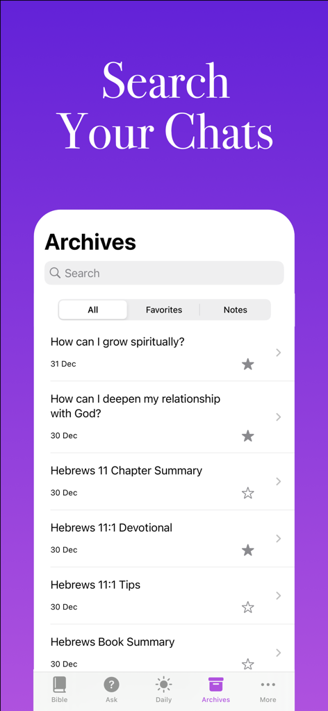 Bible Ace: AI Bible Study - Interfaz de la aplicación Bible Ace que muestra la pestaña de archivos con una lista de sesiones de estudio bíblico anteriores con IA y una barra de búsqueda.