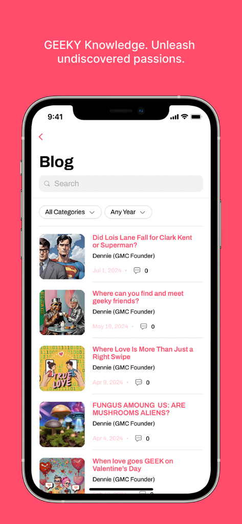 Screenshot of the Geek Meet Club app blog section featuring articles on geek culture and dating tips