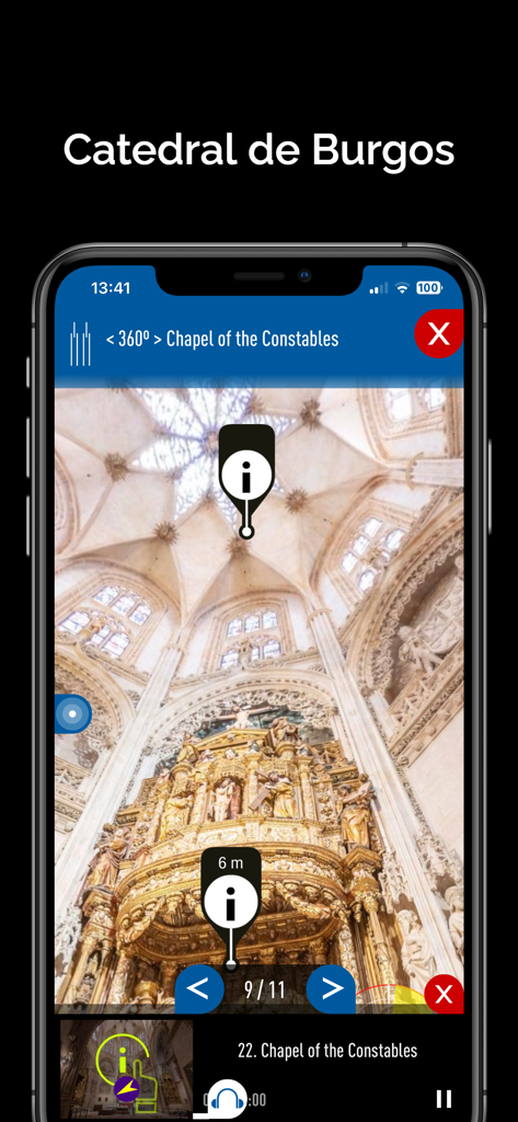 モバイルアプリインターフェース内のブルゴス大聖堂のConstables礼拝堂の360度バーチャルツアー。