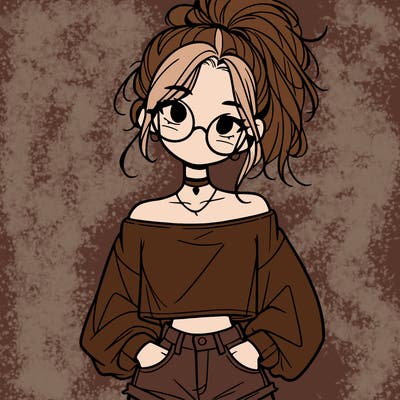 girl with a messy ponytail glasses a baggy crop top and jean shorts