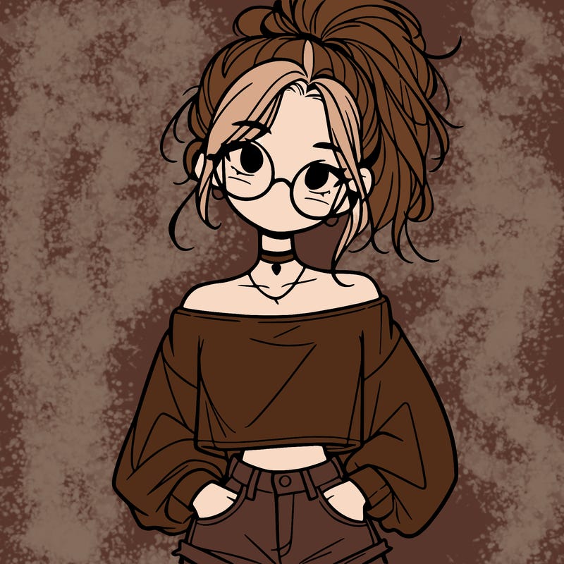 girl with a messy ponytail glasses a baggy crop top and jean shorts