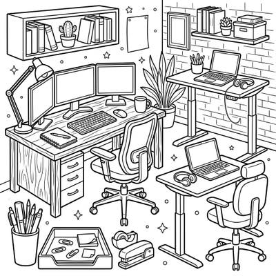 Transform a bustling home office scene into a vibrant masterpiece with this detailed coloring page. Featuring everything from multi-monitor setups to ergonomic chairs and essential stationery, it's perfect for anyone who loves productivity.