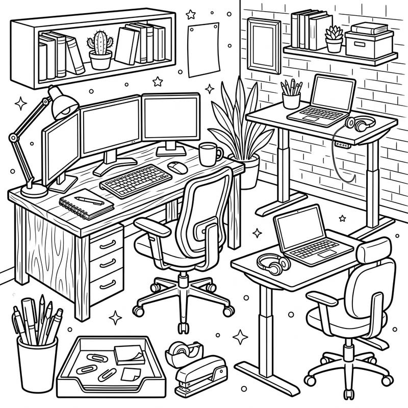 Transform a bustling home office scene into a vibrant masterpiece with this detailed coloring page. Featuring everything from multi-monitor setups to ergonomic chairs and essential stationery, it's perfect for anyone who loves productivity.