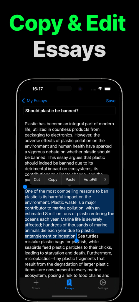 Essay Writer AI Generate Text - Smartphone screen showing the Esai app editing an essay with copy and paste options.