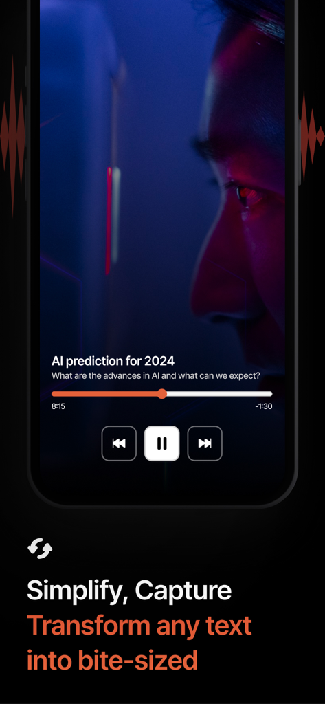 Interfaz de la aplicación Tell Me que muestra un reproductor de audio para un artículo de predicción de IA con controles de reproducción y un diseño minimalista oscuro.