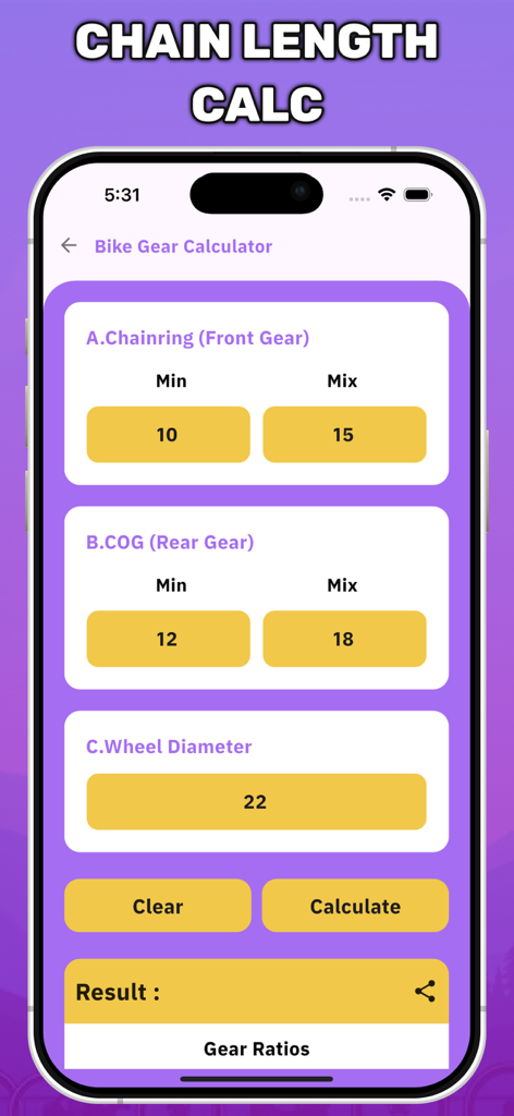 Cycling Calculators for Bike - Mobile app interface for calculating bicycle gear ratios including chainring and rear gear settings