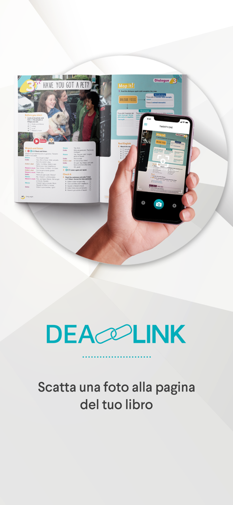 DeA Link - Uma pessoa usando o aplicativo DeA Link para digitalizar uma página de um livro físico para acessar conteúdo digital.
