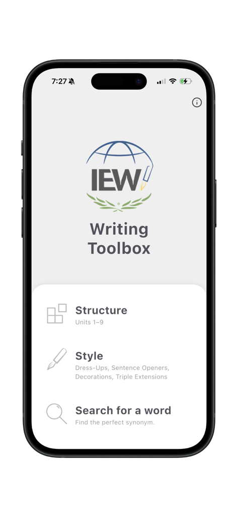 Tela inicial do aplicativo IEW Writing Toolbox mostrando opções de menu para estrutura de escrita, estilo e pesquisa de palavras.