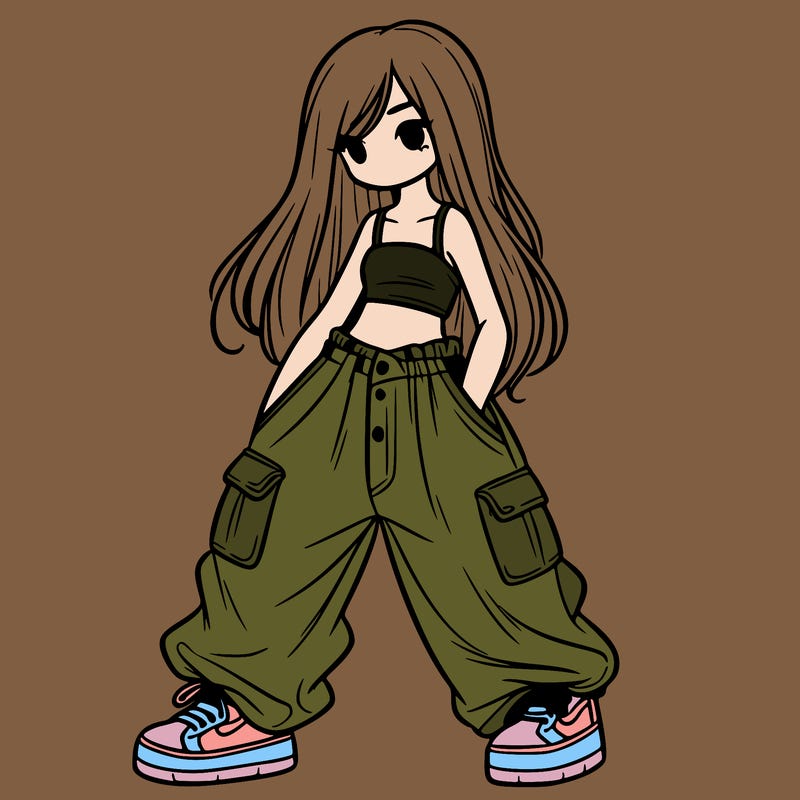 girl in baggy pants, crop top, and long hair