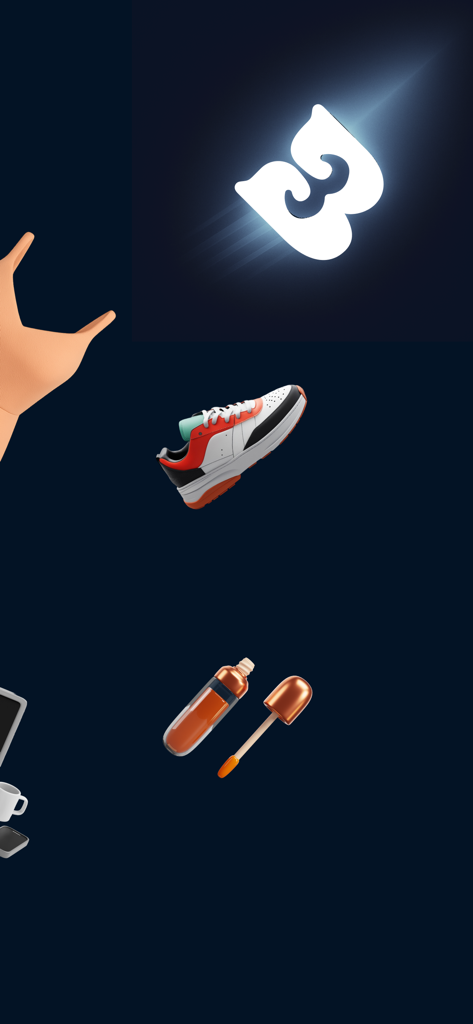 Logo de la aplicación Bazar Market con una zapatilla 3D y un brillo de labios flotando sobre un fondo azul oscuro