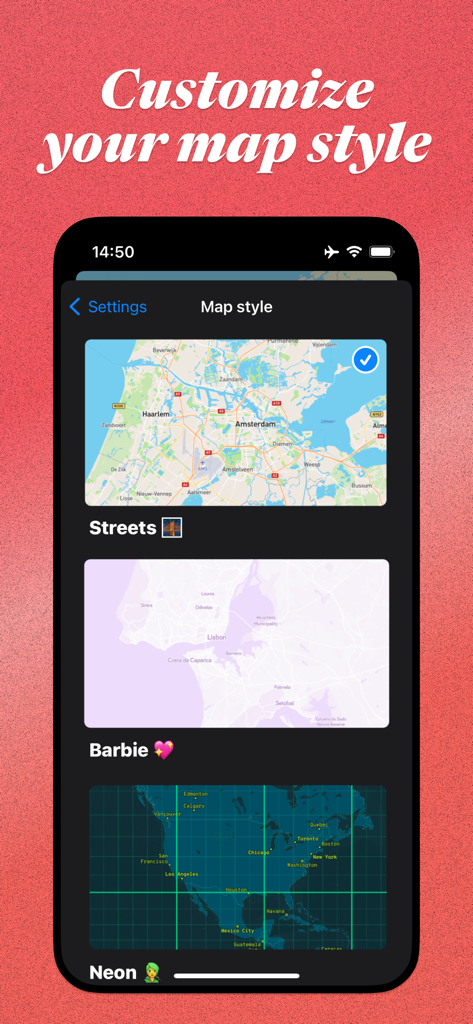 Interface of the Posted app showing different map style options like Streets Barbie and Neon