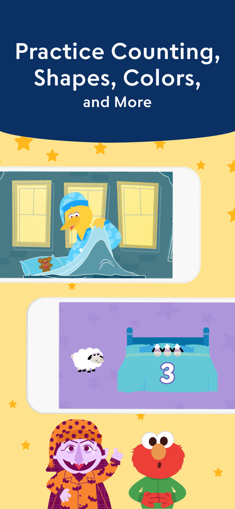 Learn with Sesame Street - Captura de pantalla de la aplicación Aprende con Plaza Sésamo que muestra actividades educativas para contar, formas y colores con personajes como Epi Tristán, El Conde y Elmo.