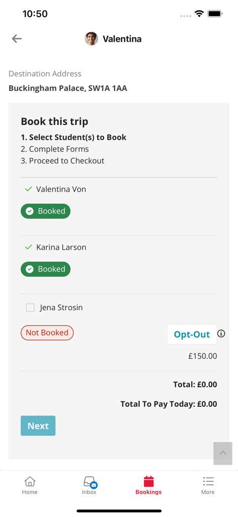 Access My School Portal - Mobile app screen showing a school trip booking interface with options to select students and track booking status