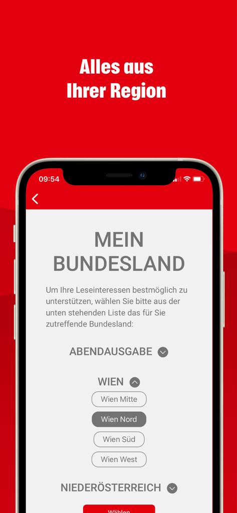 Mobile App-Oberfläche zur Auswahl spezifischer österreichischer Regionen in der Krone ePaper Zeitung
