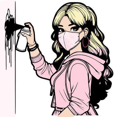 realistic girl with mask spray painting a wall