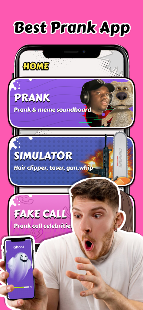 Prank app home screen featuring meme soundboard simulator and fake call options with a shocked user