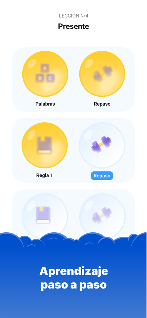 Simpler: English learning app - Interface de l'application mobile pour apprendre l'anglais avec des leçons de grammaire et de vocabulaire étape par étape en espagnol