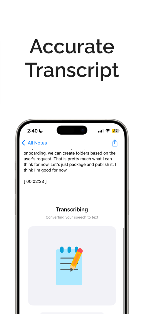 Smartphone screen displaying the Brain Dump app converting speech to a text transcript.