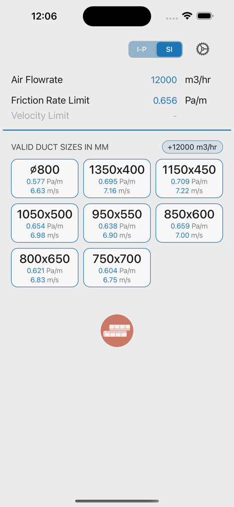 Ductulator app interface displaying calculated duct sizes in millimeters for HVAC design