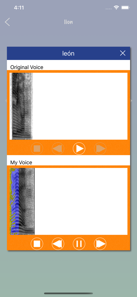 Spanish Word: Basic Vocabulary - スペイン語の単語「león」について、オリジナルとユーザーの音声録音による声紋比較を表示している画面。