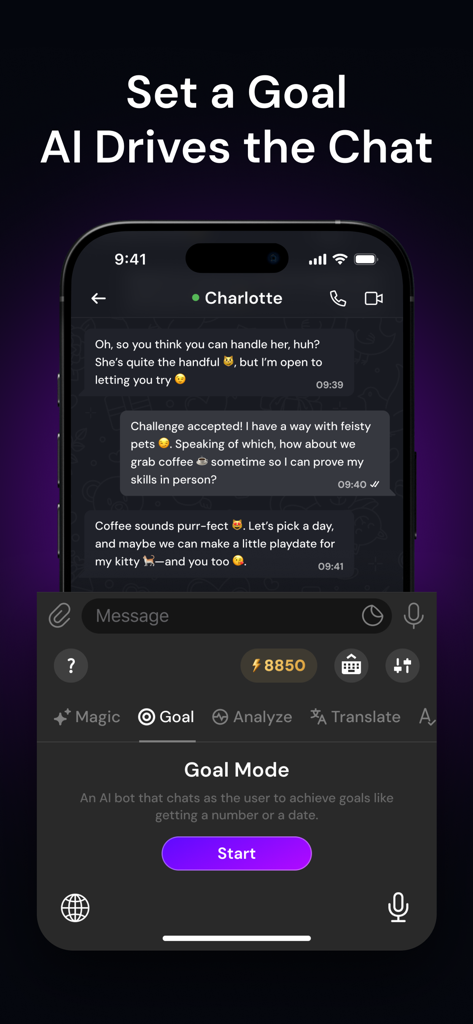 Flirtonic: AI Dating Assistant - Flirtonic AI dating assistant interface showing Goal Mode for driving chat conversations towards a date.