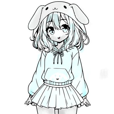 pretty anime girl wearing a fluffy hoodie with bunny ears on the hood and a skirt