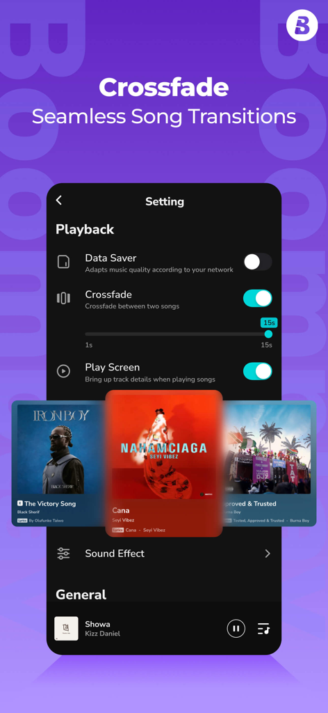 Boomplay Lite app interface showing playback settings with crossfade enabled for seamless song transitions