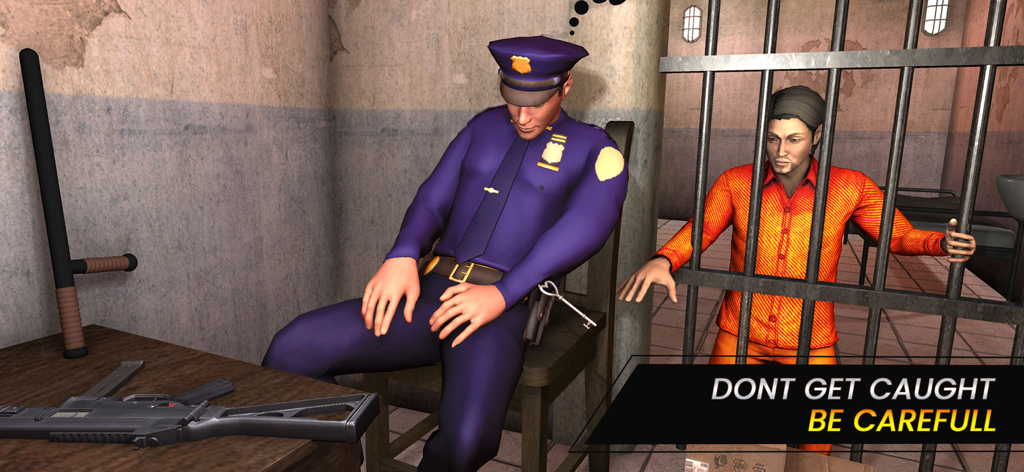 A prisoner in an orange jumpsuit watches a sleeping police guard to steal jail keys for an escape