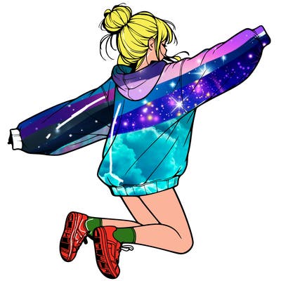 realistic girl jumping with a bun and oversized sweatshirt