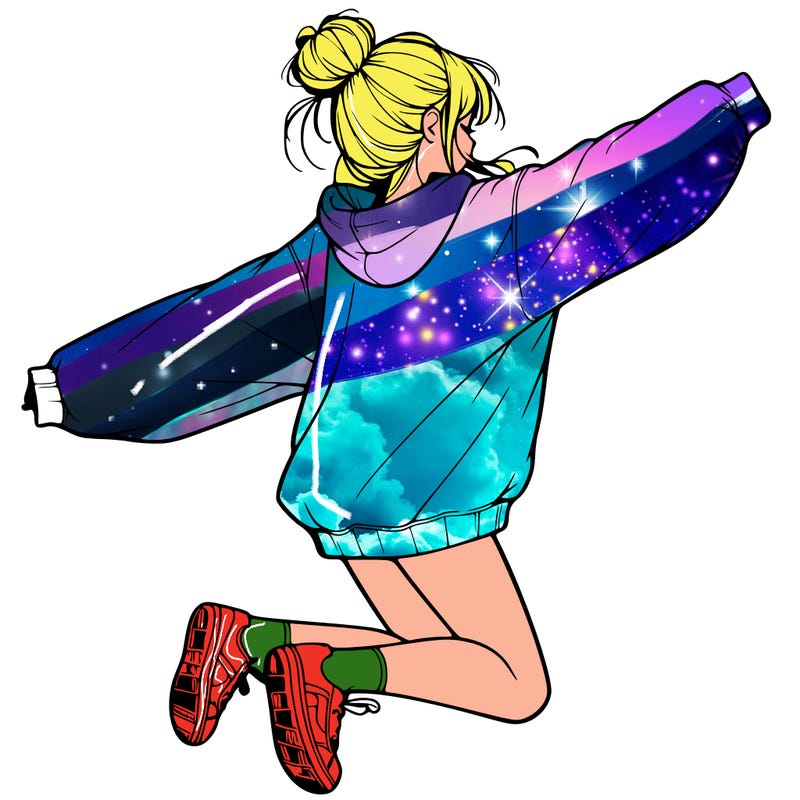 realistic girl jumping with a bun and oversized sweatshirt