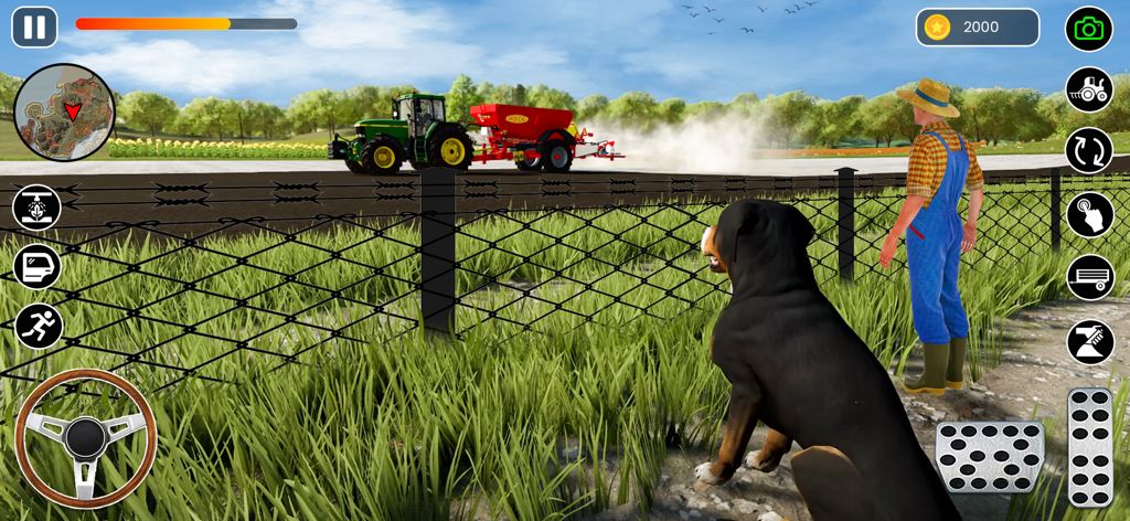 Farming Simulator Driving Game - A 3D farming game scene featuring a green tractor a farmer in overalls and a dog behind a fence.