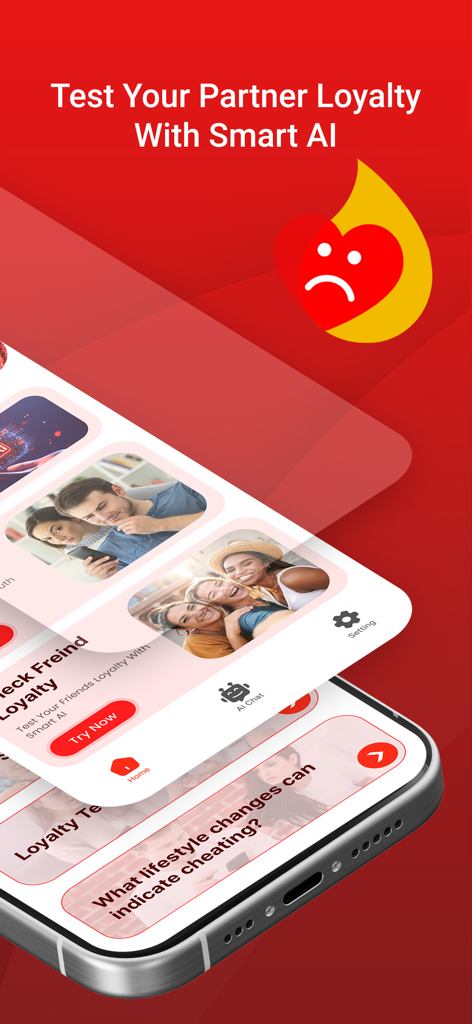 Cheater Buster AI app interface showing partner loyalty test features and AI chat options on a red background