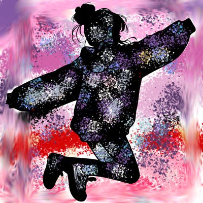 realistic girl jumping with a bun and oversized sweatshirt