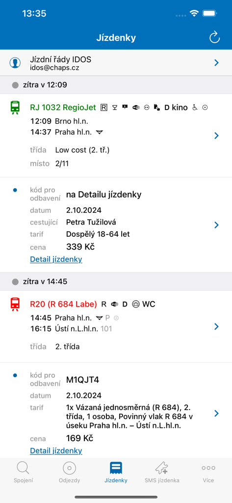 Digital train tickets display in the Jizdni rady IDOS mobile application