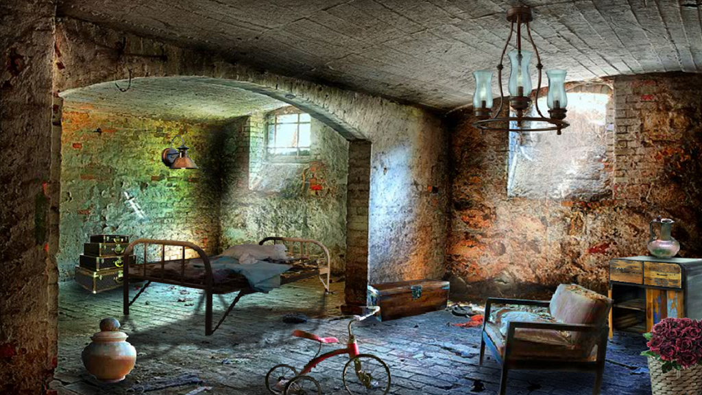 Can You Escape Abandoned House - Une pièce de sous-sol remplie d'objets cachés comme un tricycle et des valises dans le jeu d'évasion de maison abandonnée