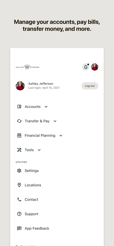 Main menu screen of the Valley Strong Mobile Banking app featuring account management and utility options
