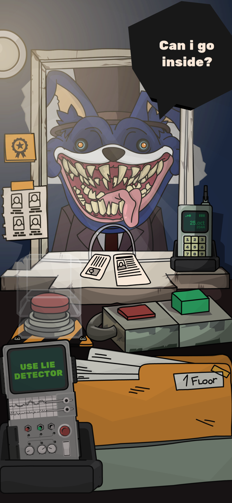 Un monstruo aterrador en un puesto de control de seguridad pidiendo entrar con un dispositivo detector de mentiras en primer plano.