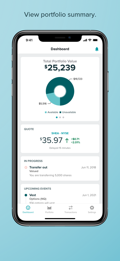 Shareworks app dashboard displaying total portfolio value, equity status chart, and upcoming vesting events