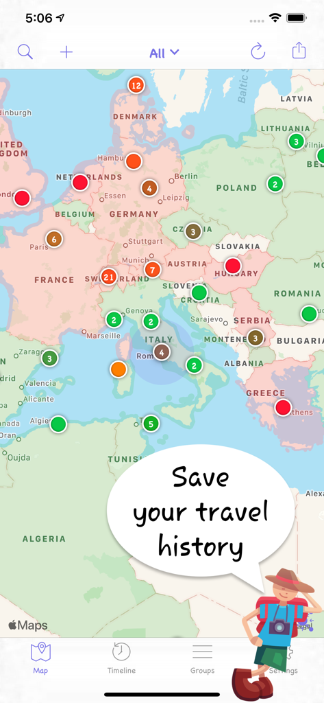 Um mapa de viagem da Europa com pins coloridos marcando locais visitados e histórico de viagens.