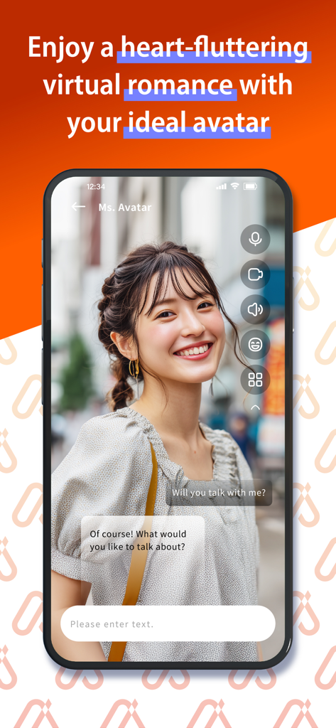 AI AVATAR - Your Companion - Interface showing a smiling AI female avatar and text about virtual romance