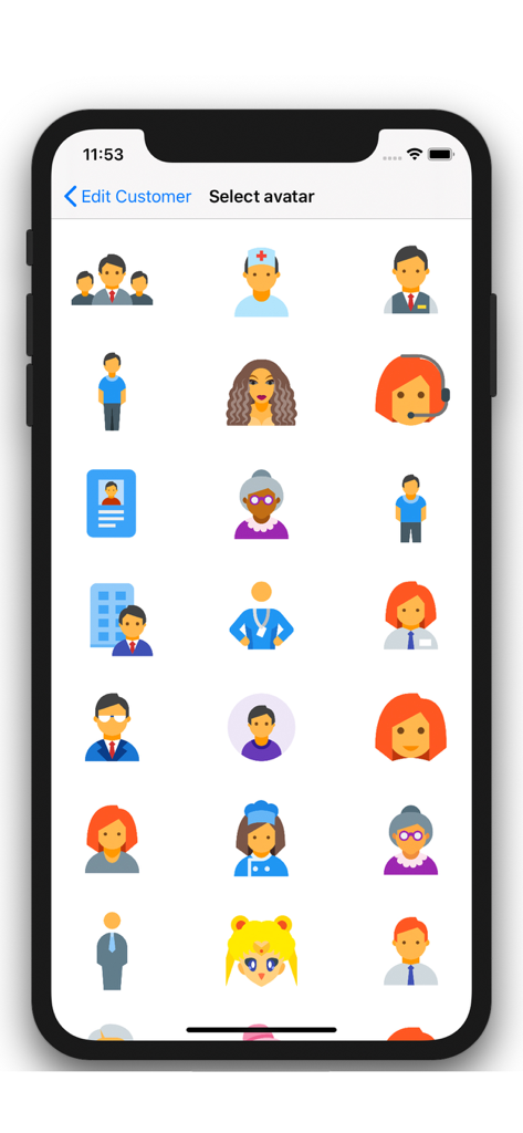 Customer Management - Contacts - Une grille d'icônes d'avatar de personnages divers pour personnaliser les profils de contact dans une application CRM.