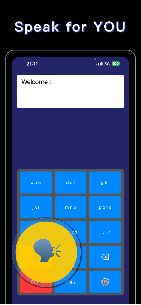 Eye Keyboard-Input with eyes - Eye Keyboard app interface showing the voice output feature and grid keyboard for assistive communication