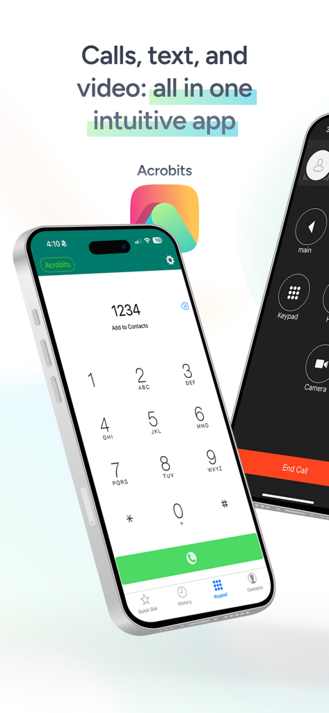 Acrobits Softphone mobile app interface displaying a numeric keypad and call management screens.