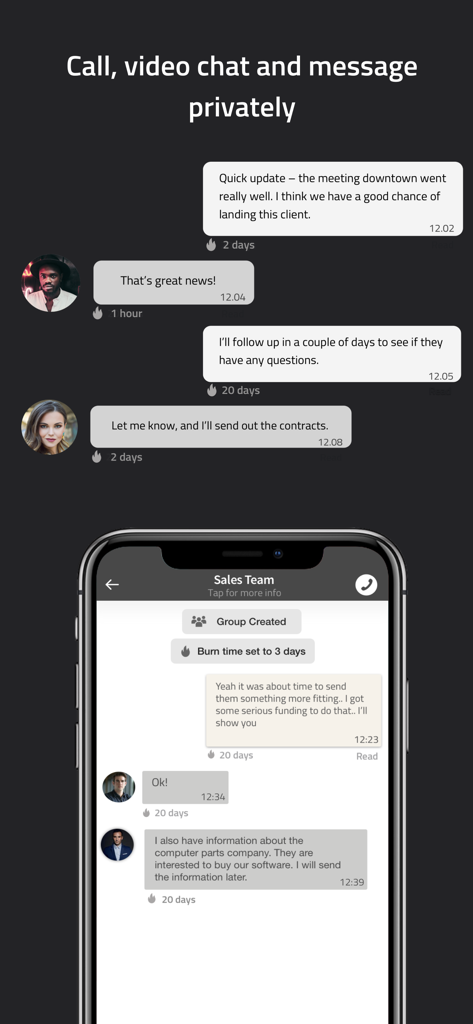 Silent Phone - Silent Phone app screenshot showing private group chat with a burn timer for secure business communications