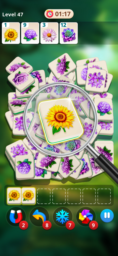 Tile Blossom Forest: Triple 3D - A floral tile matching game screen showing a magnifying glass highlighting a sunflower tile among various flower patterns