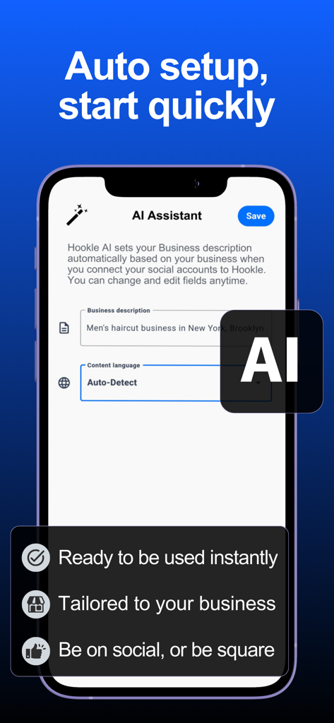 Hookle: Social Media Manager - Hookle app AI Assistant screen showing automatic business setup and description for a social media management profile.