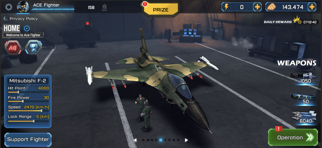 ACE Fighter: Modern Air Combat - A Mitsubishi F-2 fighter jet displayed in the hangar with statistics and weapon options in the ACE Fighter game menu