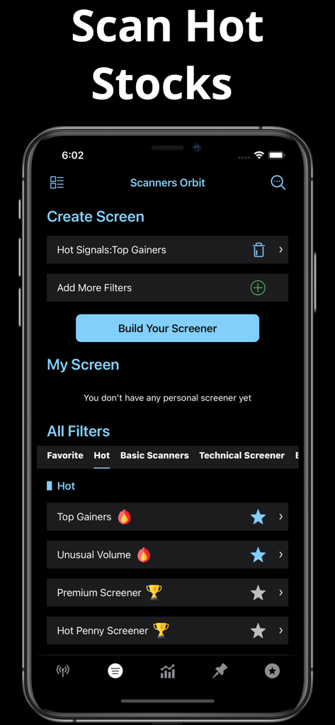 Interface of Stocks Advisor app showing the stock screener with filters for top gainers unusual volume and hot penny stocks